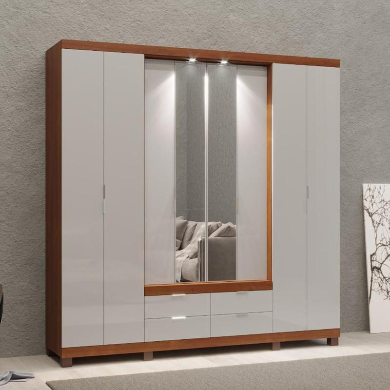 Roupeiro Casal 8 Portas 4 Gavetas com Led e Espelho Floripa Ipê